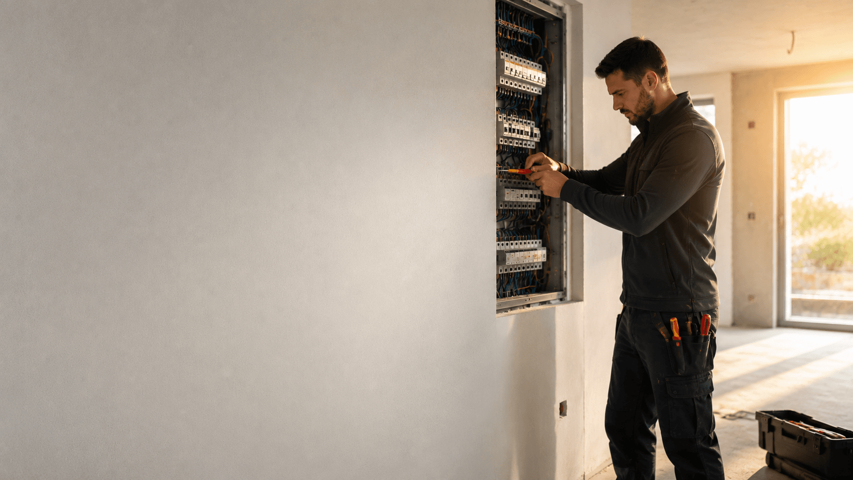 Elektriker installiert und verdrahtet einen Sicherungs- und Verteilerkasten in einem Rohbau