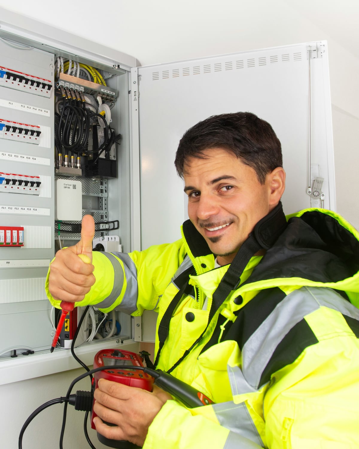 Lächelnder Elektriker mit Multimeter und erhobenem Daumen vor einem geöffneten Sicherungskasten